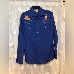 Rocking K Ranchwear Vintage Western Shirt 1970s Blue Cowboy Embroidery